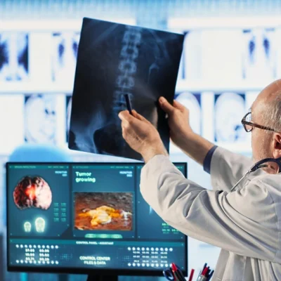 Doctor examining a spinal X-ray with patient during consultation for spine fusion surgery in a modern hospital